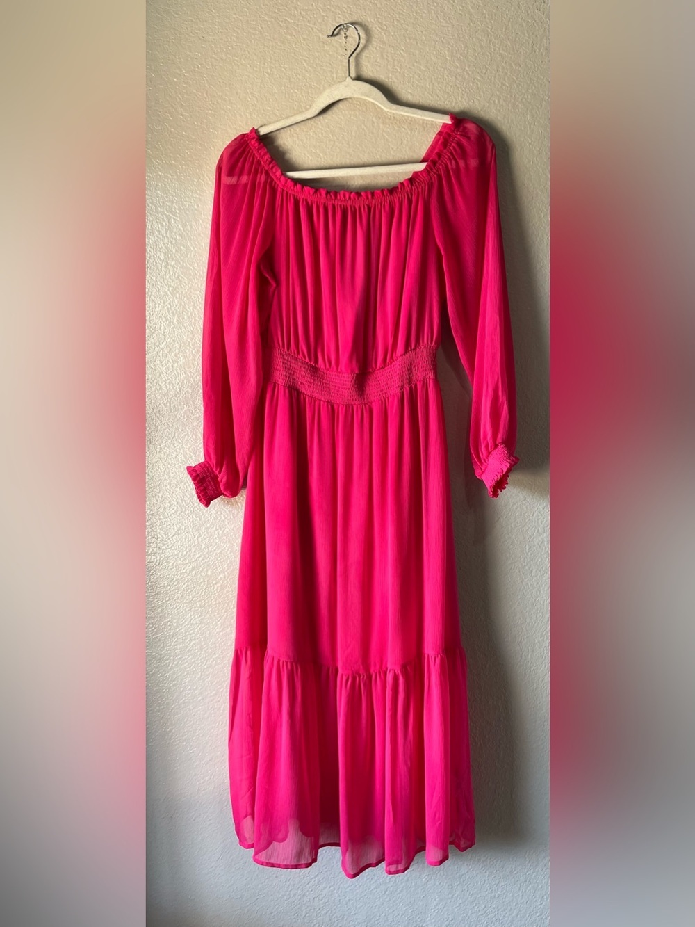 SOFIA JEANS Hot Pink Long Sleeve Smocked Waist Maxi Dress Sz S Boho Cottage core